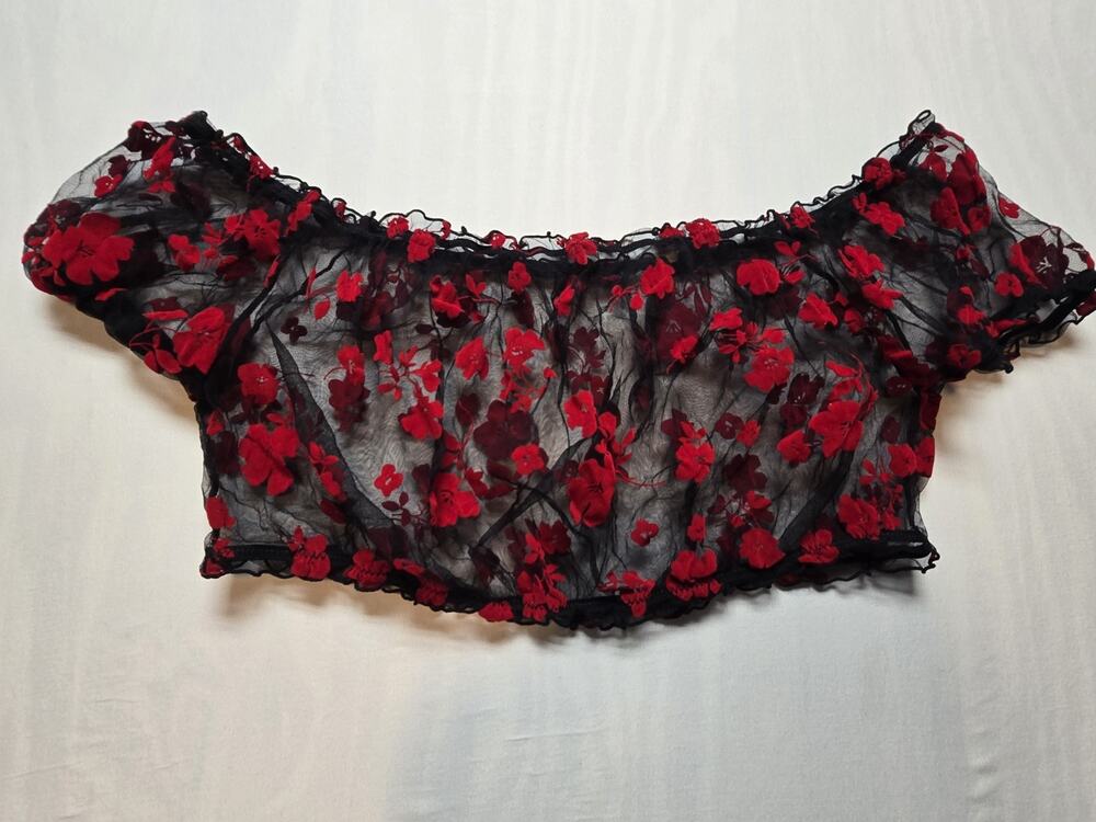 Sheer Black Lace Red Velvet Milkmaid Top Sexy XL Pinup Boudoir